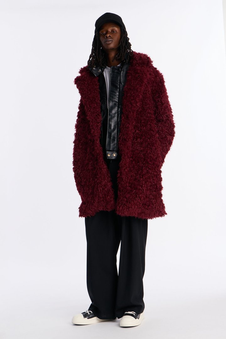 Textured Limitless Faux Fur Car Coat - Burgundy