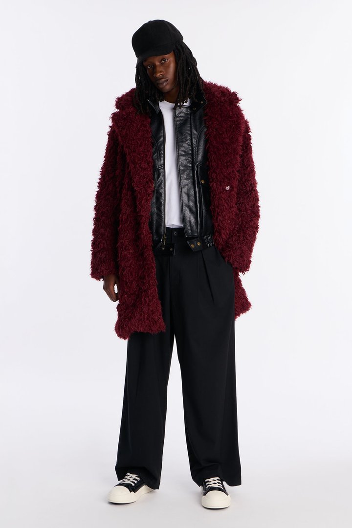 Textured Limitless Faux Fur Car Coat - Burgundy