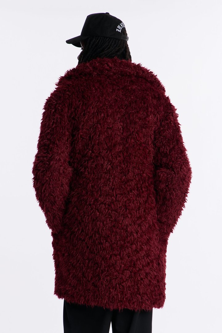 Textured Limitless Faux Fur Car Coat - Burgundy