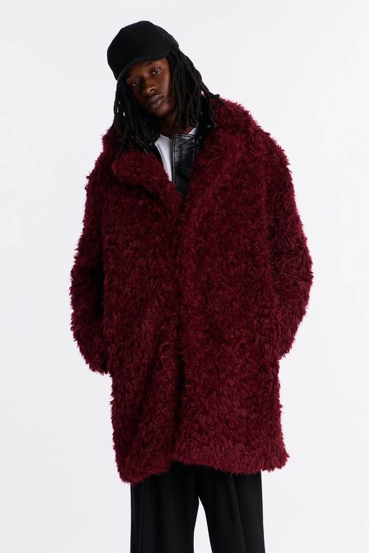 Textured Limitless Faux Fur Car Coat - Burgundy