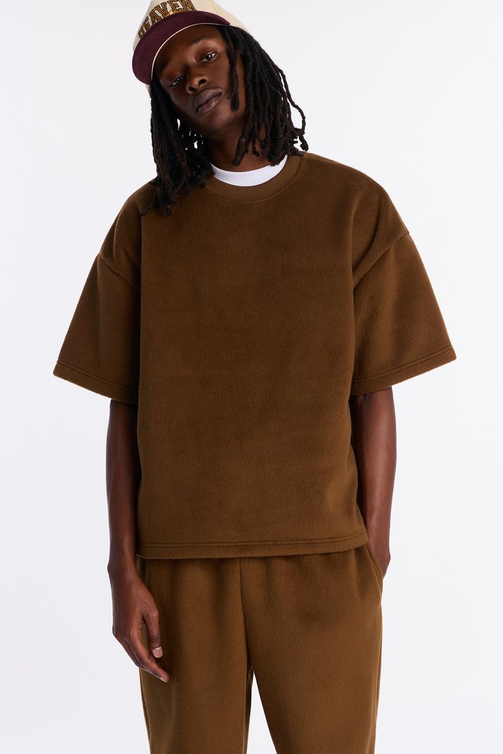 Fuzzy Textured Premium Short Sleeve Sweatshirt - Brown