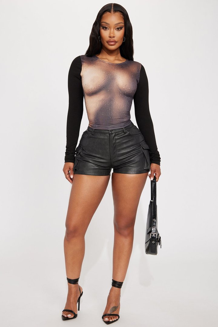 London Washed Faux Leather Cargo Short - Black