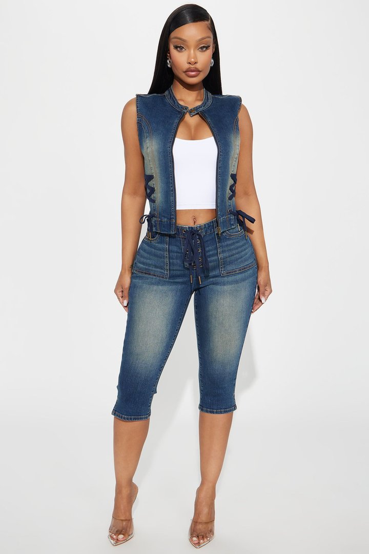 Leveled Up Lace Up Denim Vest - Dark Wash