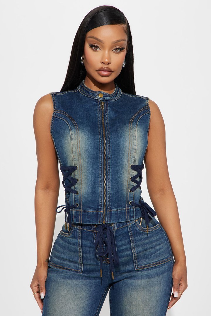 Leveled Up Lace Up Denim Vest - Dark Wash