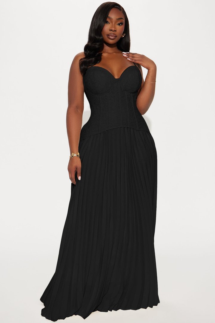 Daniella Lace Corset Pleated Maxi Dress - Black