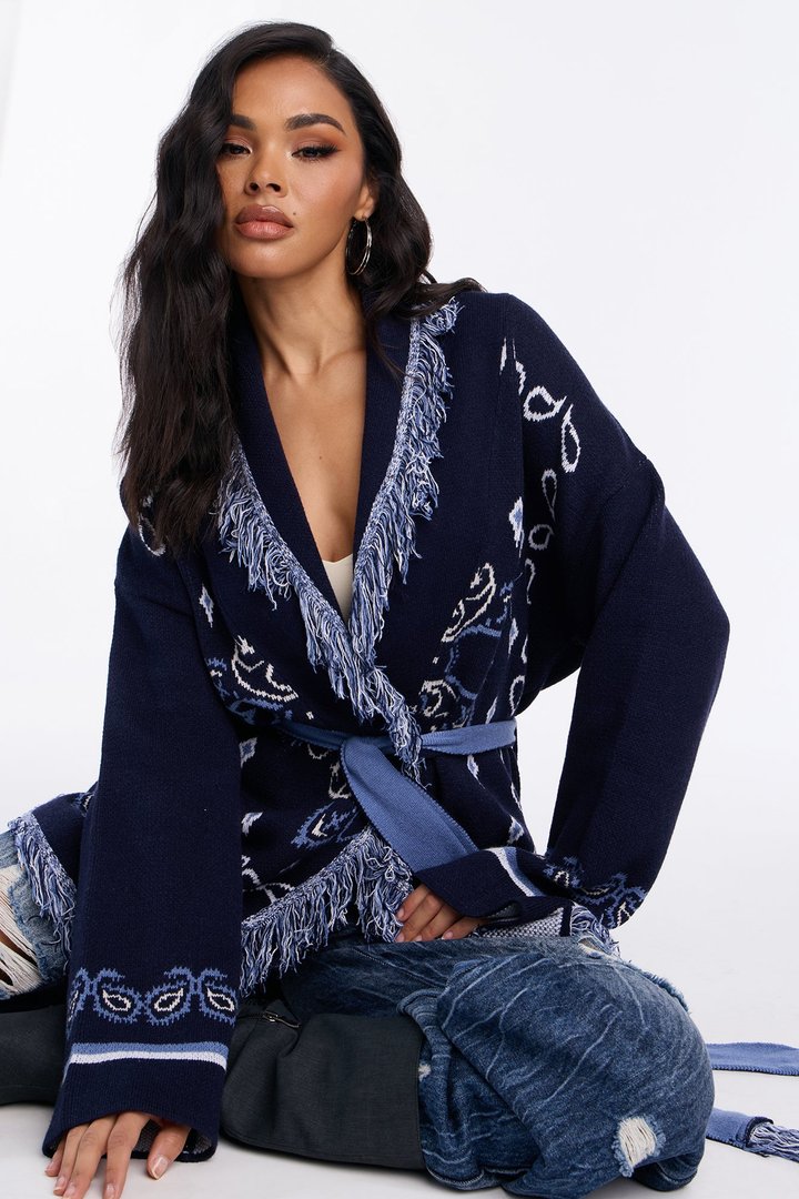 Aspen Jacquard Fringe Cardigan - Navy/Multi