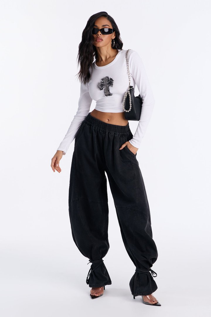 Premium Drapey Pull On Ankle Tie Balloon Jeans - Black Wash