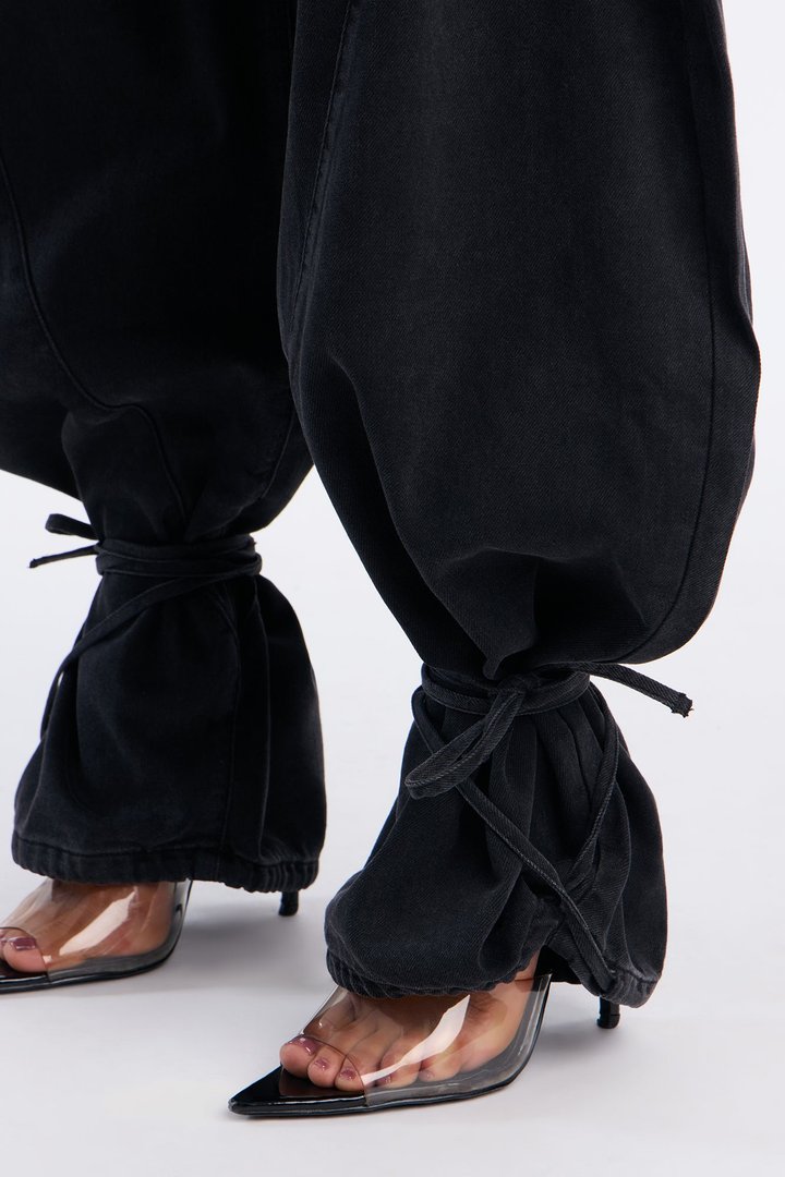 Premium Drapey Pull On Ankle Tie Balloon Jeans - Black Wash