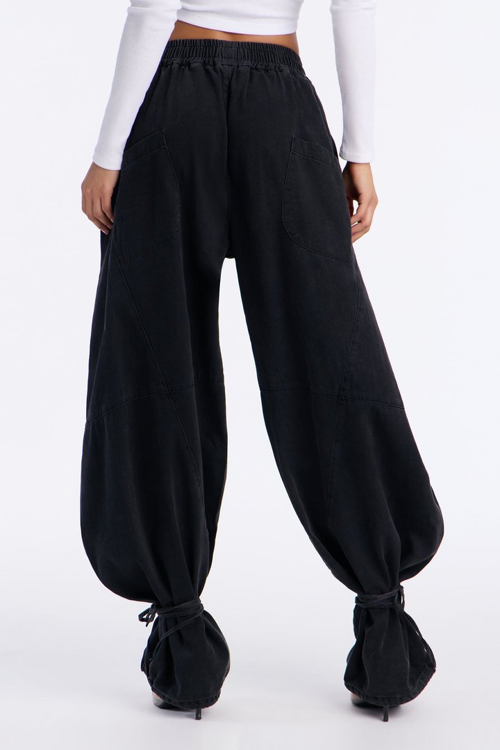 Premium Drapey Pull On Ankle Tie Balloon Jeans - Black Wash