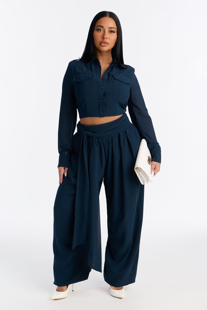 Serena Sheer Chiffon Jogger Pant Set - Navy