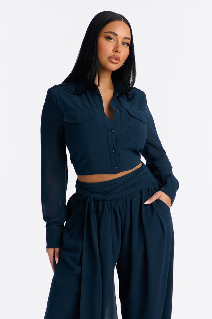 Serena Sheer Chiffon Jogger Pant Set - Navy