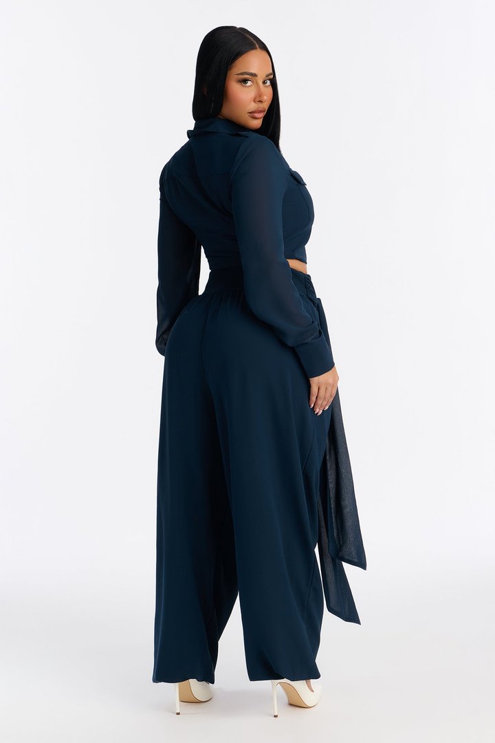 Serena Sheer Chiffon Jogger Pant Set - Navy