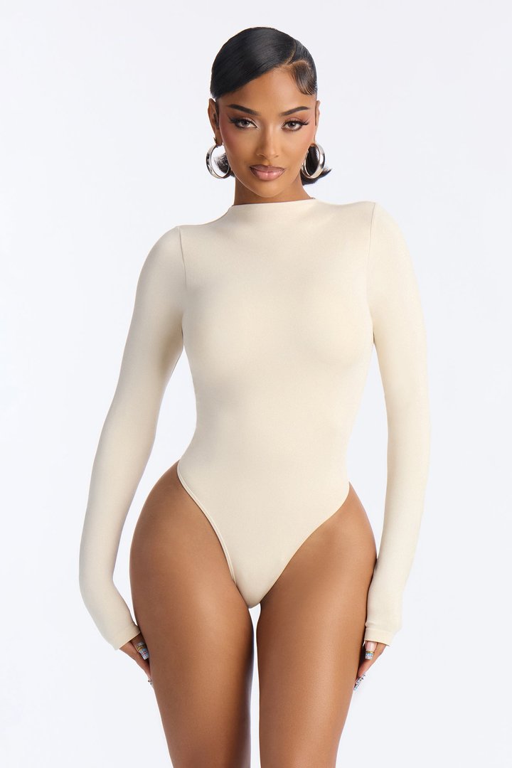 Seamless Smooth Double Lined High Neck Long Sleeve Bodysuit - Bone
