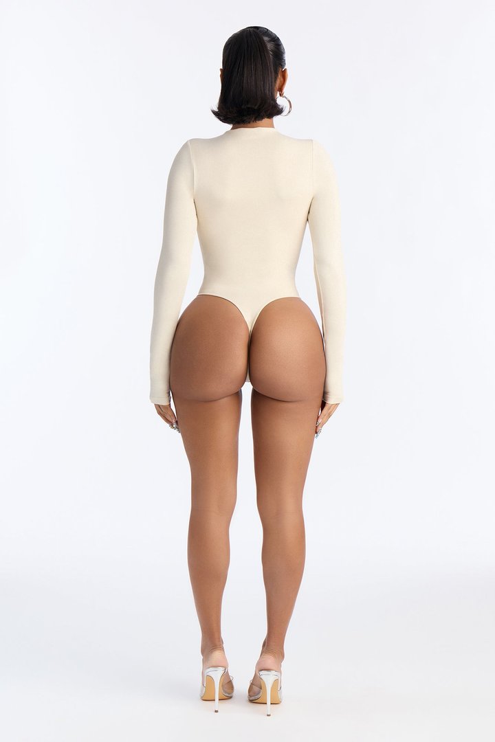 Seamless Smooth Double Lined High Neck Long Sleeve Bodysuit - Bone