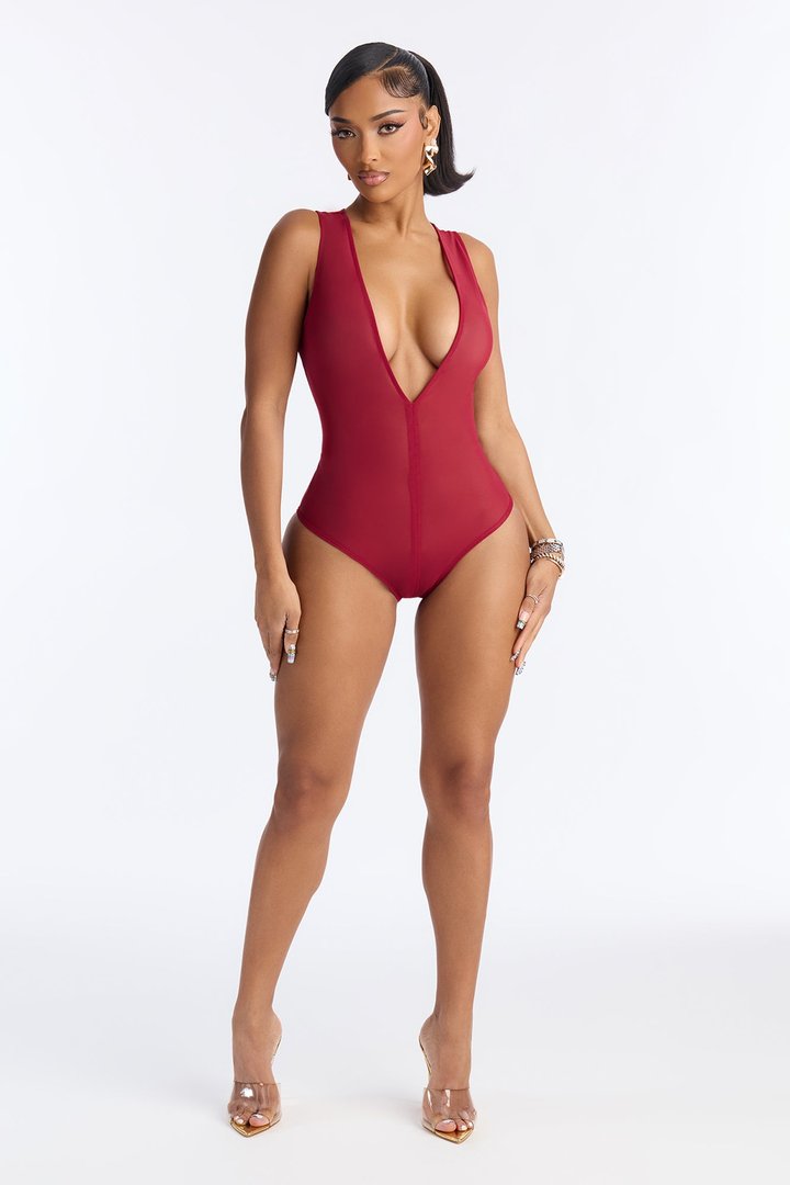 Power Mesh Deep V Neck Sleeveless Bodysuit - DarkRed