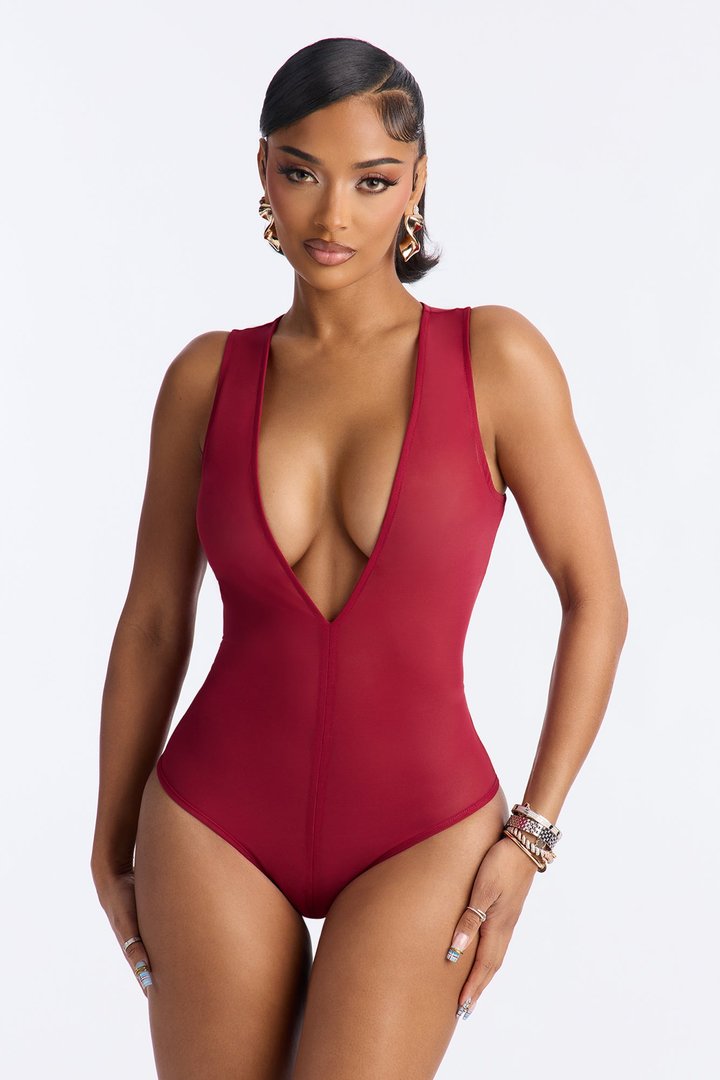 Power Mesh Deep V Neck Sleeveless Bodysuit - DarkRed