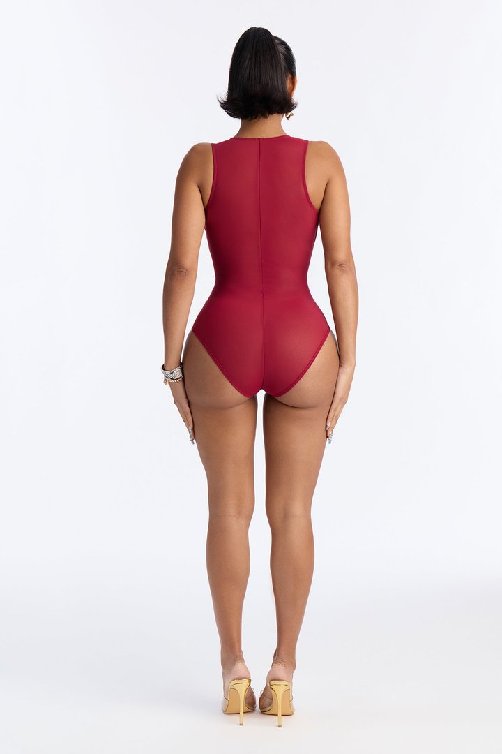 Power Mesh Deep V Neck Sleeveless Bodysuit - DarkRed