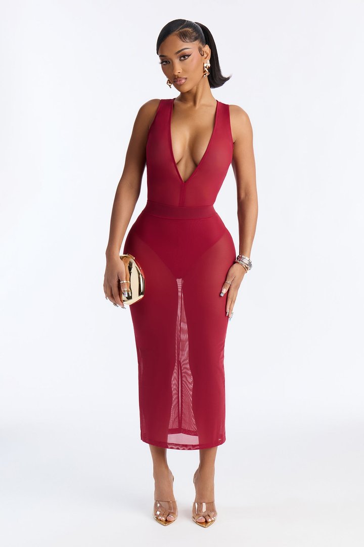 Power Mesh Deep V Neck Sleeveless Bodysuit - DarkRed