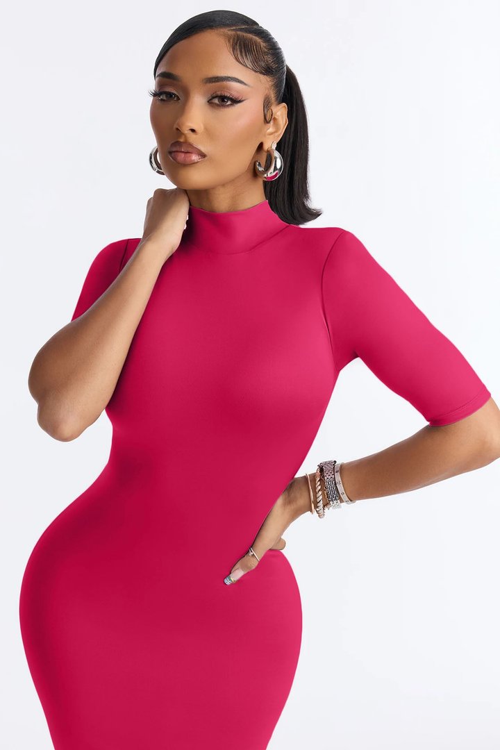 Contour Double Lined Turtle Neck Midi Dress - Raspberry