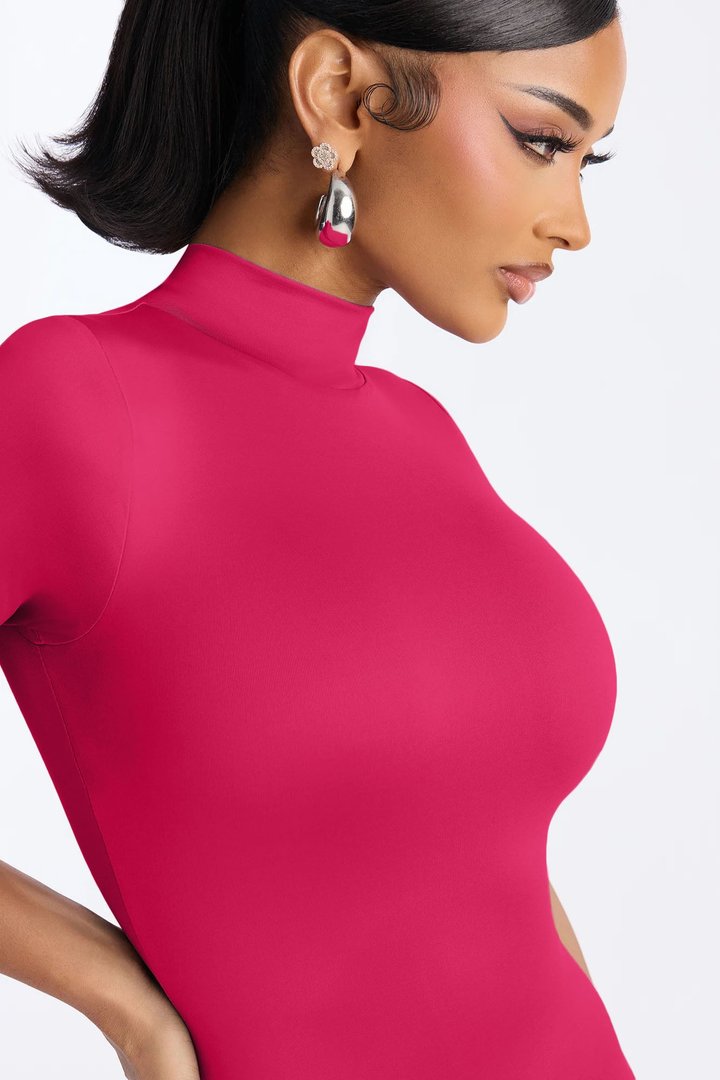 Contour Double Lined Turtle Neck Midi Dress - Raspberry