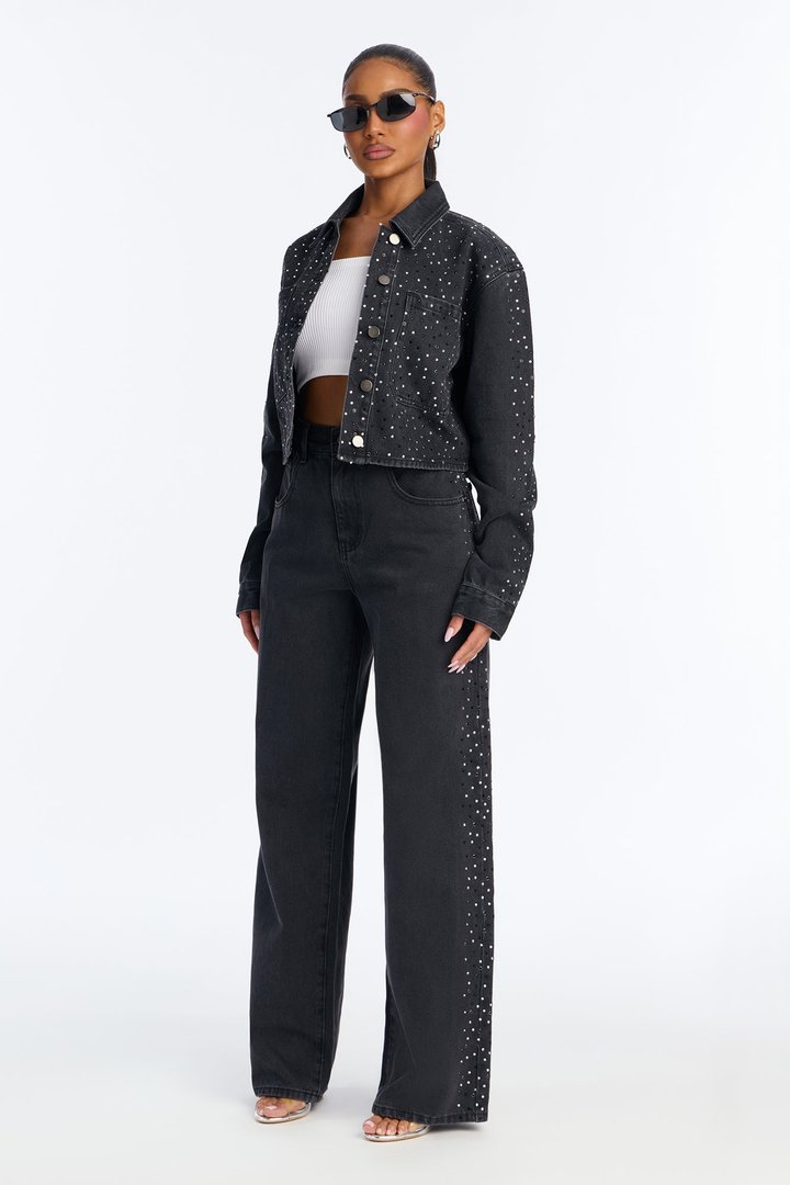 Showbiz Baby Embellished Straight Leg Jeans - Black Wash