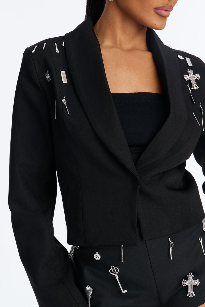 The Baddest Cropped Charm Embellished Blazer - Black