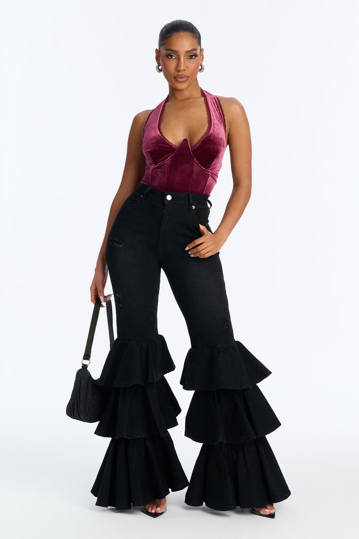 On Rhythm Tiered Ruffled Stretch Flare Jeans - Black