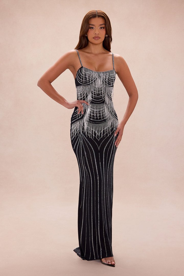 Gracelynn Rhinestone Fringe Maxi Dress - Black