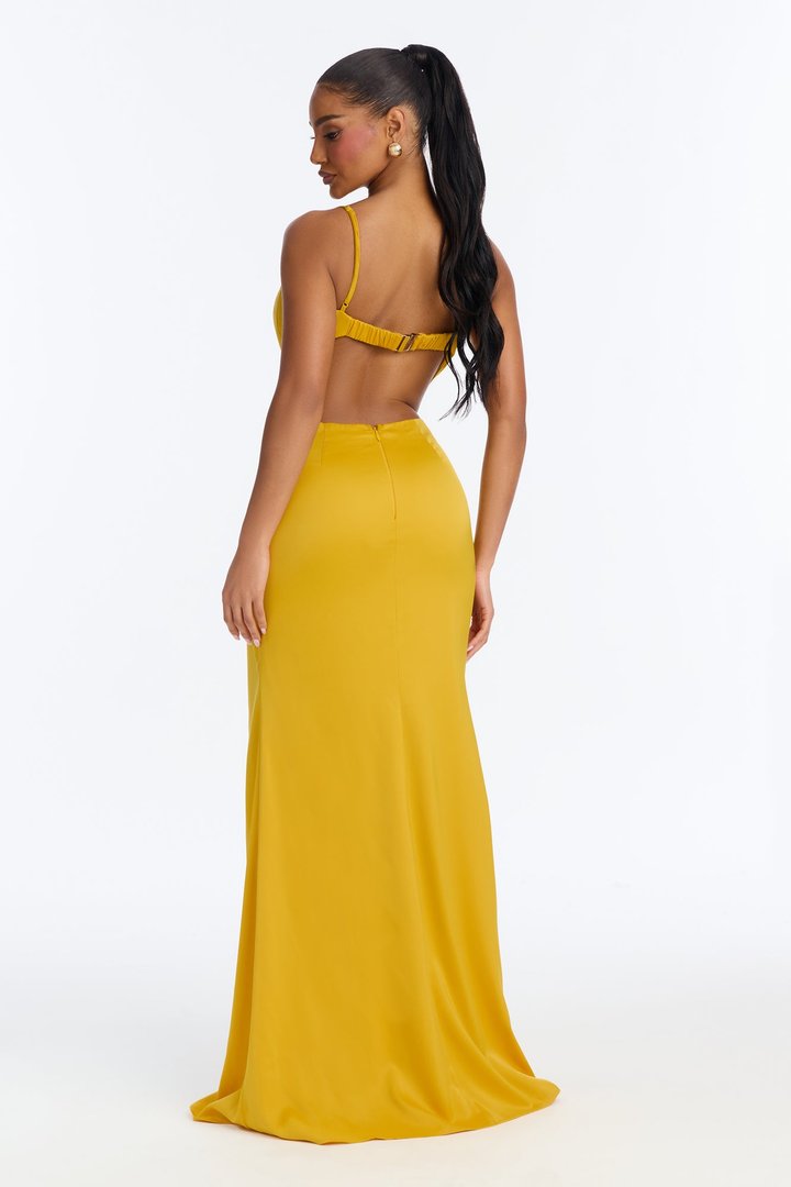 Gia Pleated Satin Gown - Mustard