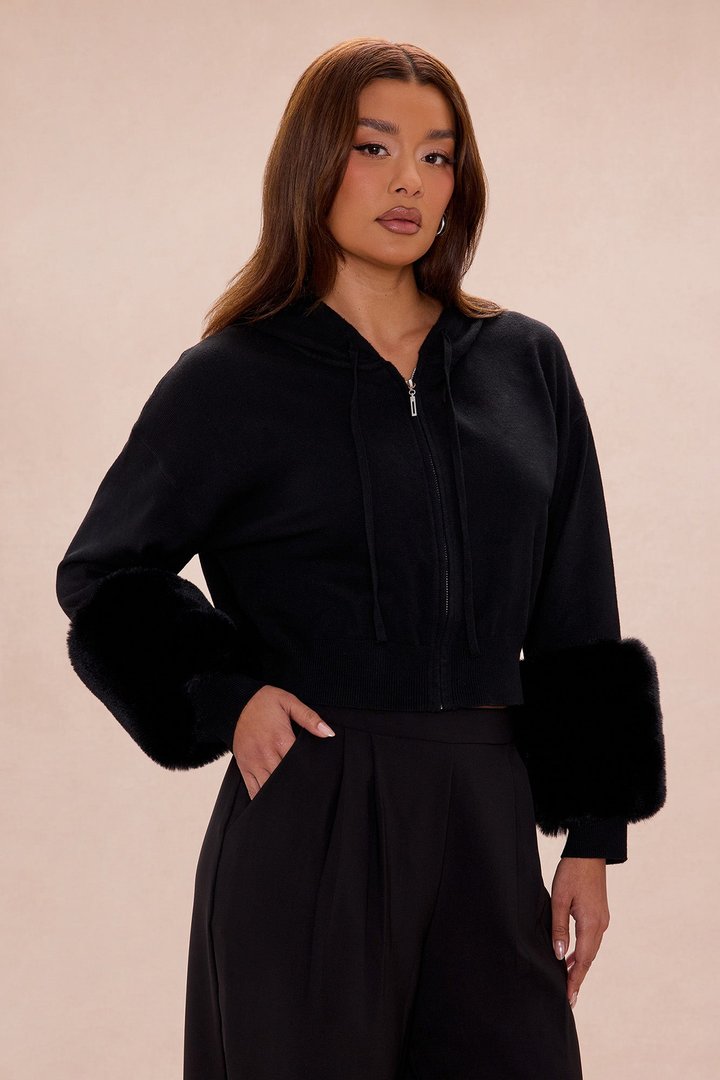 Keep Warm Fur Cuff Hoodie - Black