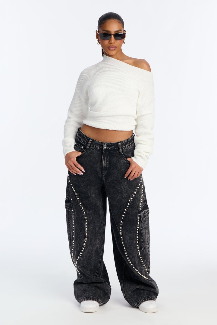 Pearls Are On Baggy Cargo Jeans - Black Wash