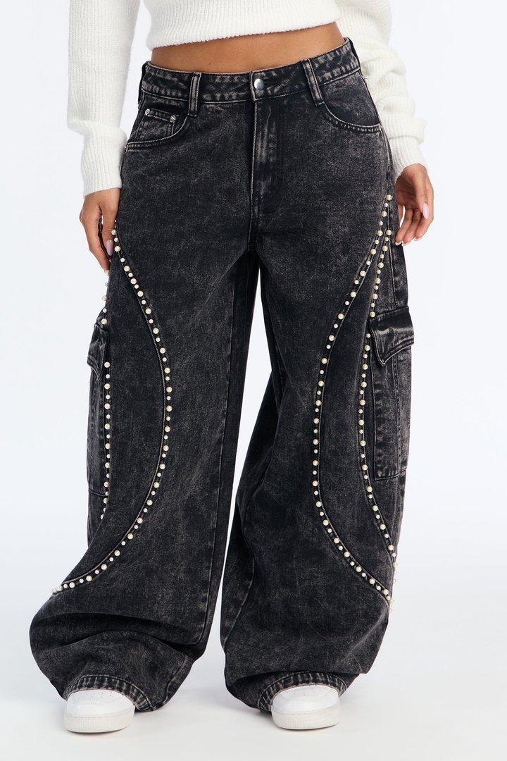 Pearls Are On Baggy Cargo Jeans - Black Wash