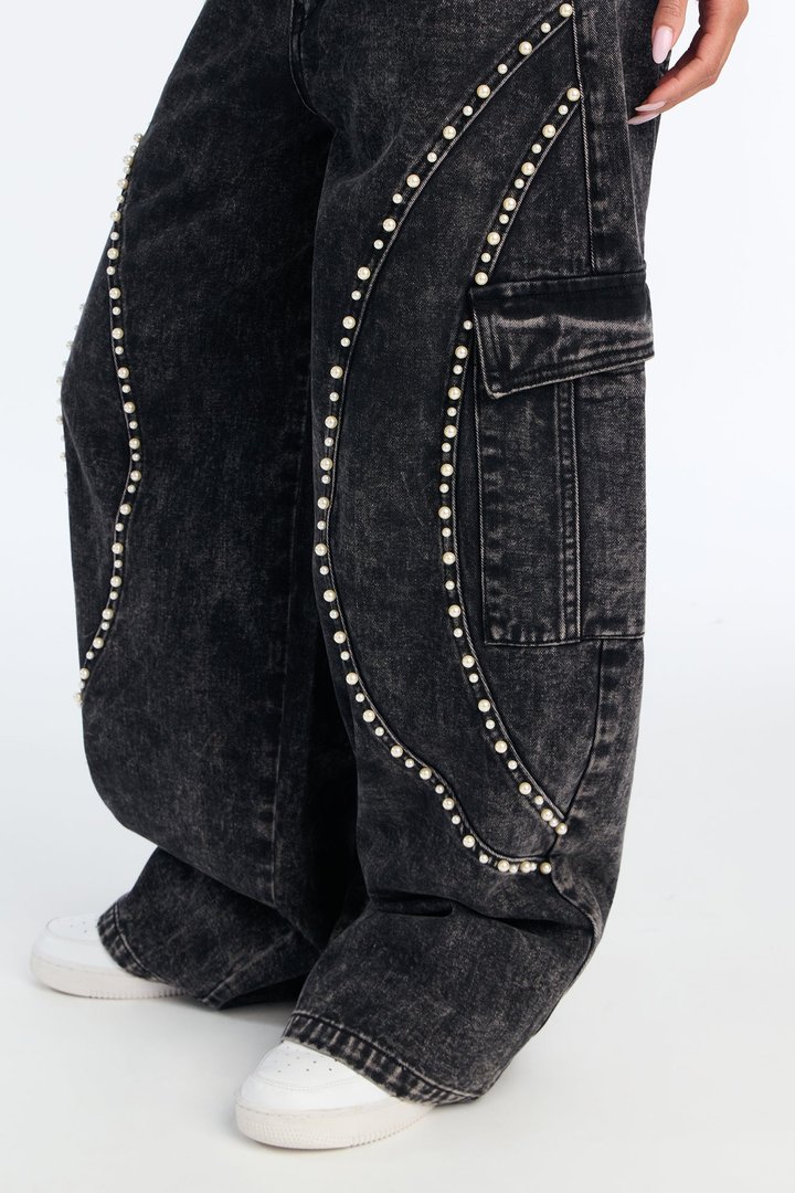 Pearls Are On Baggy Cargo Jeans - Black Wash