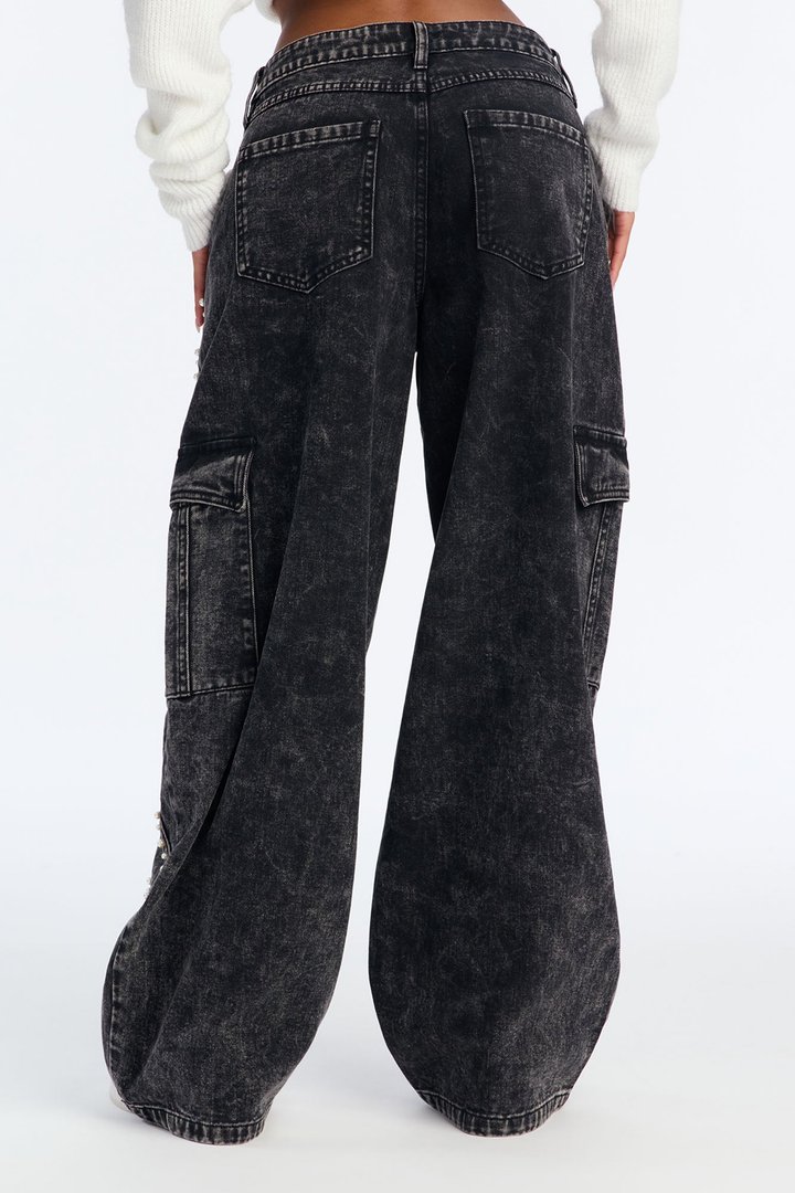 Pearls Are On Baggy Cargo Jeans - Black Wash