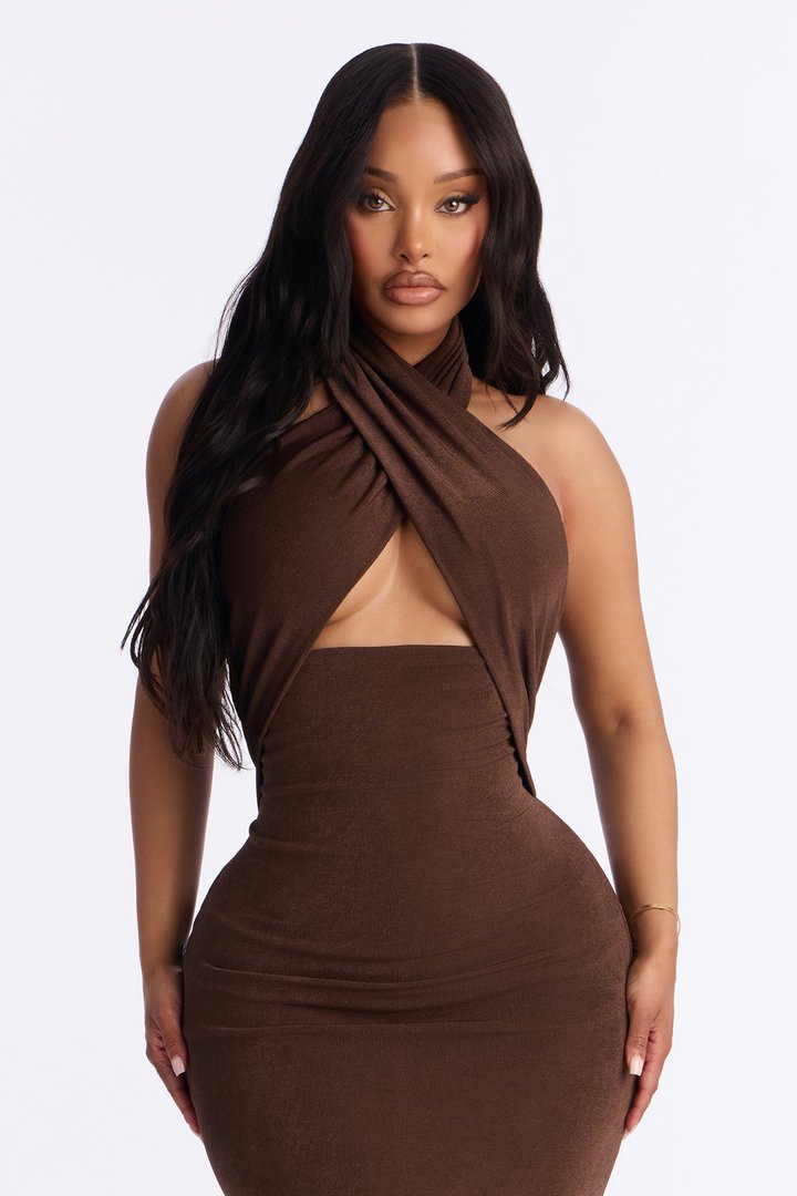 Carly Criss Cross Slinky Midi Dress - Brown