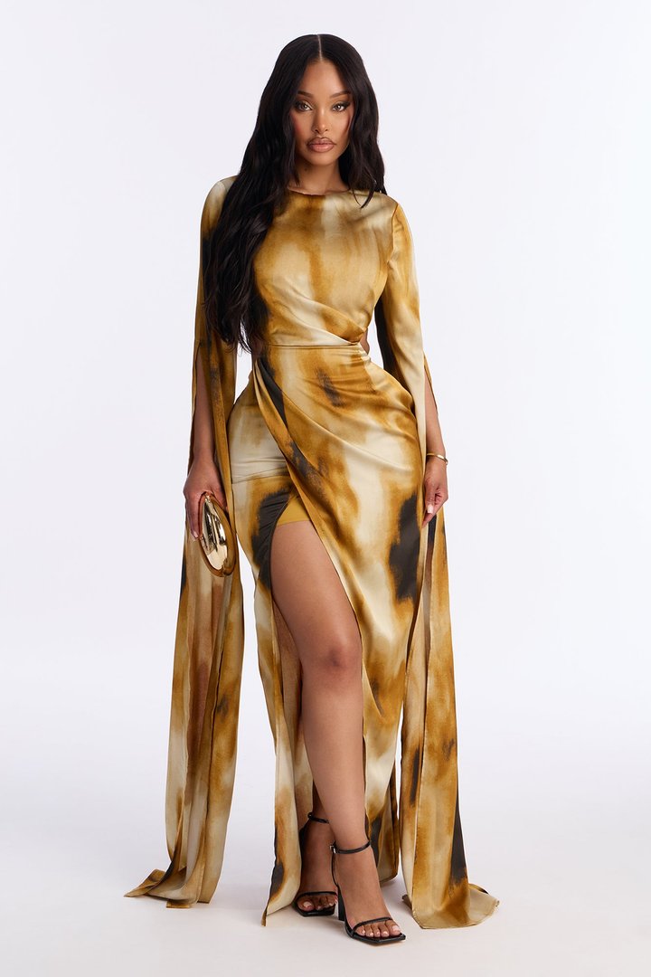 Eternal Flames Draped Satin Gown - Mustard/combo