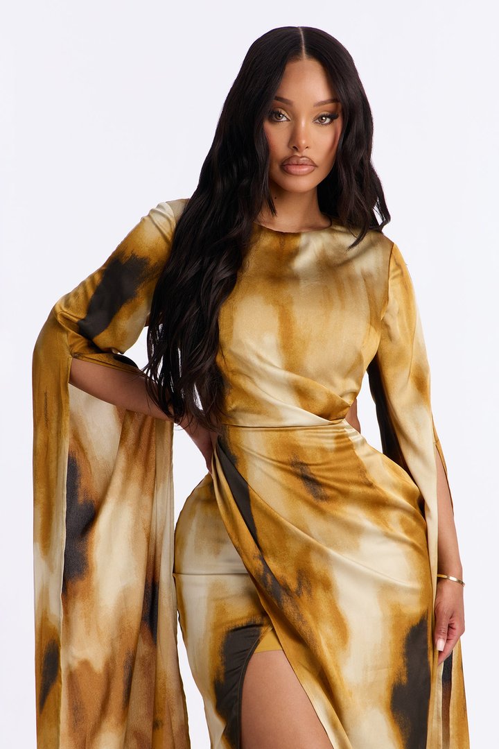 Eternal Flames Draped Satin Gown - Mustard/combo