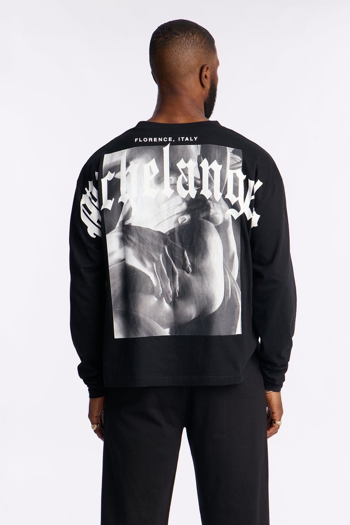 Michelangelo Florence Statue Oversized Long Sleeve Tee - Black