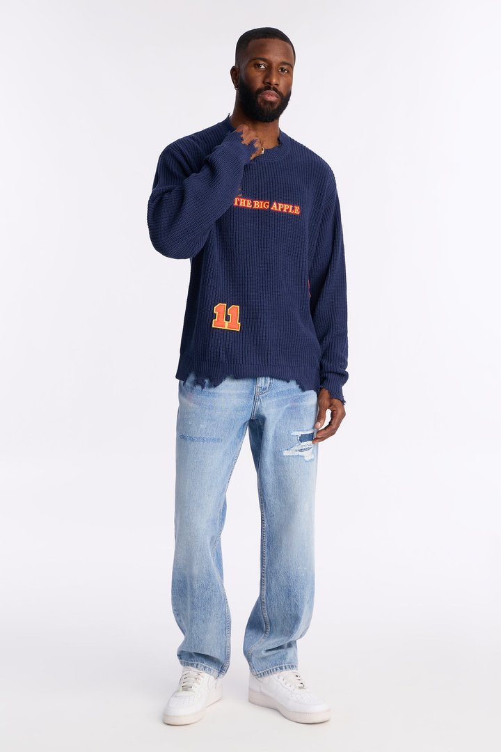 The Big Apple Distressed Sweater - Navy