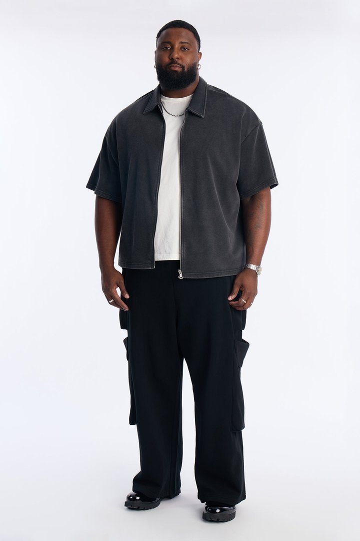 Heavy Wash Oversized Full Zip Polo - Black