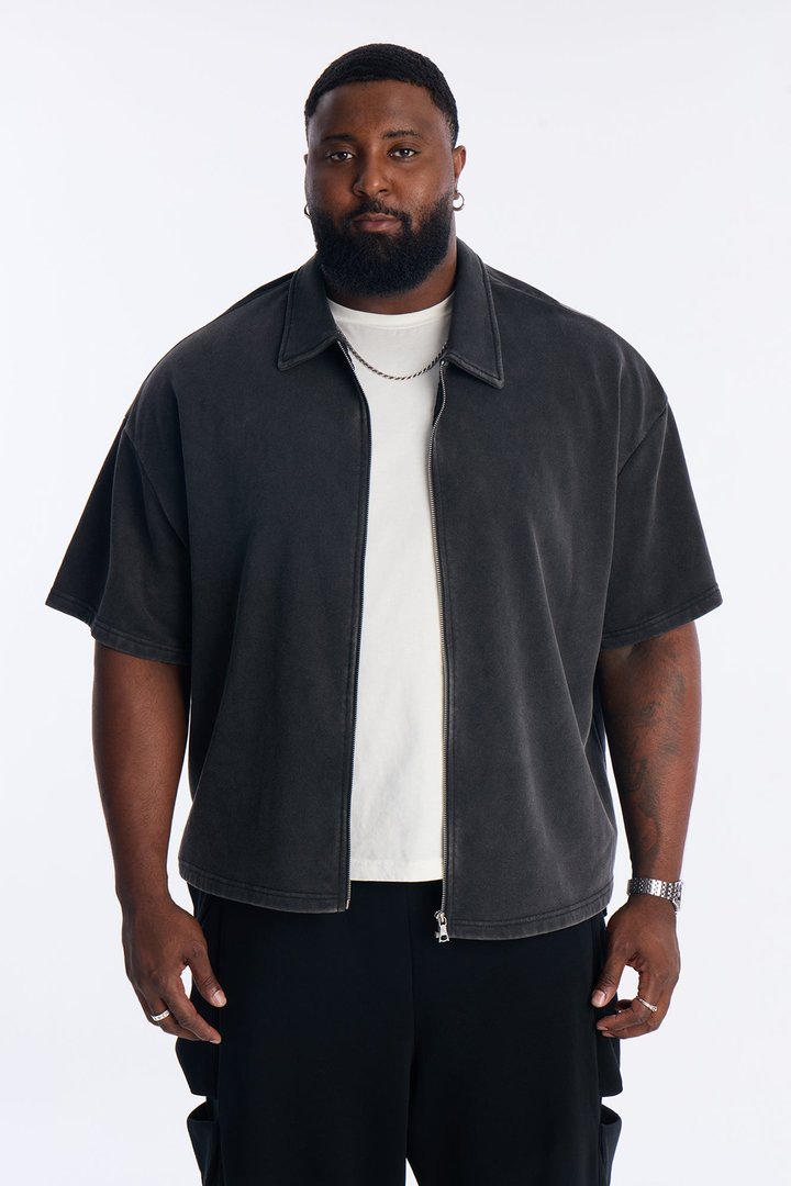 Heavy Wash Oversized Full Zip Polo - Black