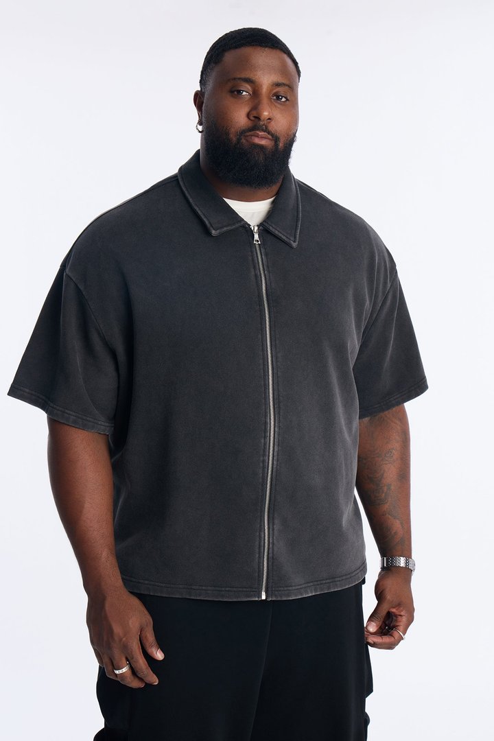 Heavy Wash Oversized Full Zip Polo - Black