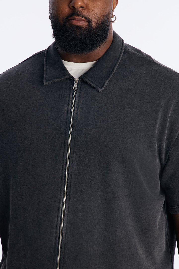 Heavy Wash Oversized Full Zip Polo - Black