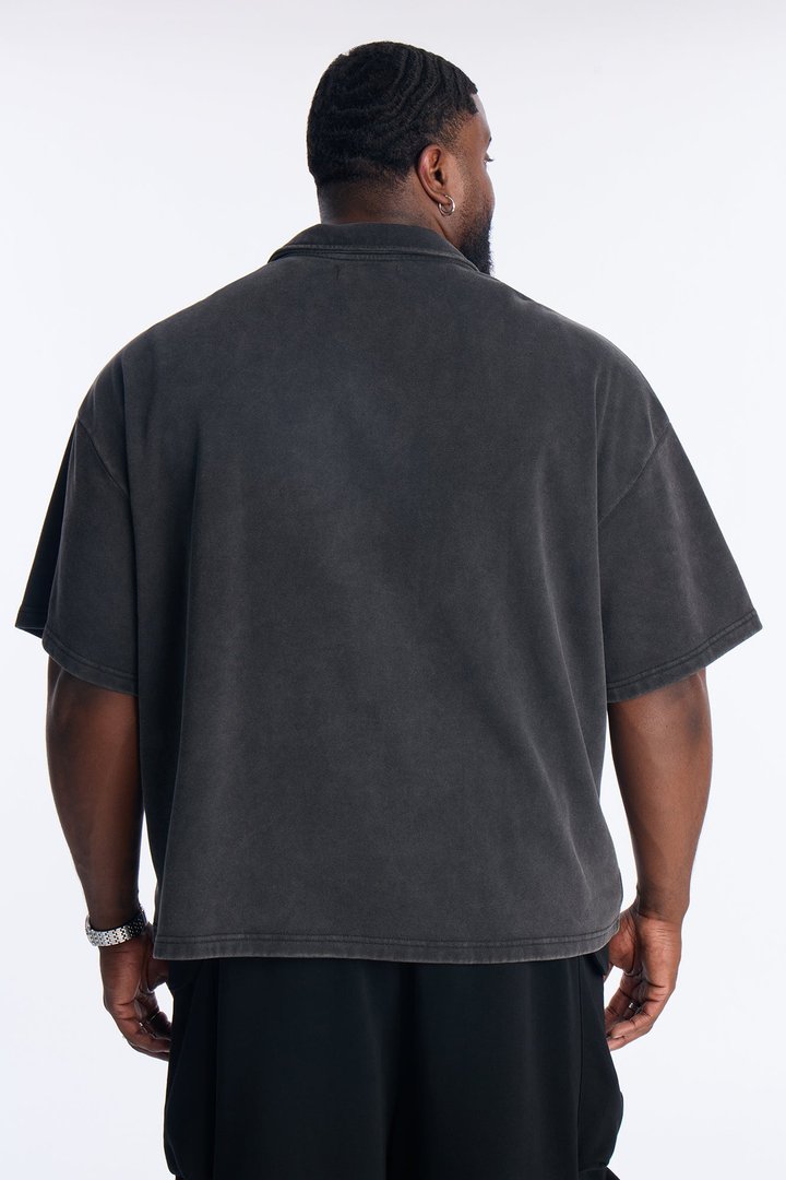 Heavy Wash Oversized Full Zip Polo - Black