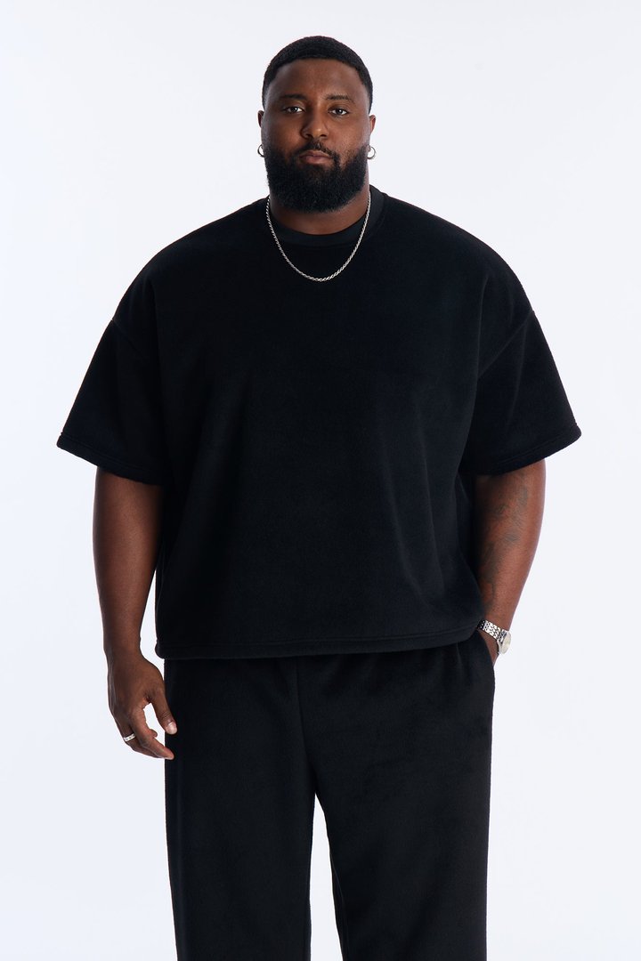 Fuzzy Textured Premium Short Sleeve Sweatshirt - Black