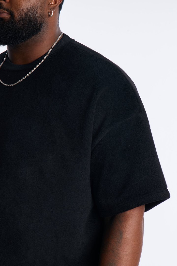 Fuzzy Textured Premium Short Sleeve Sweatshirt - Black