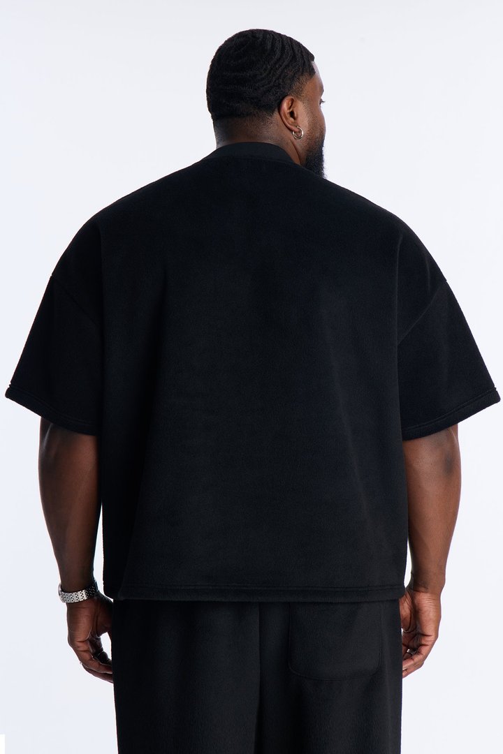 Fuzzy Textured Premium Short Sleeve Sweatshirt - Black