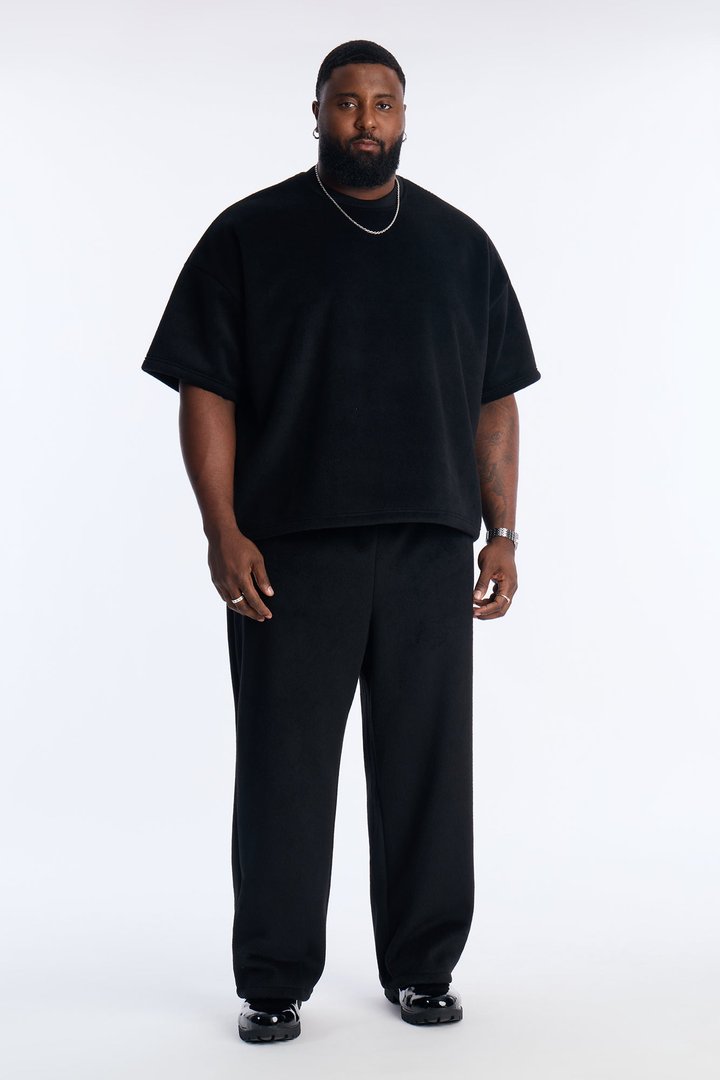 Fuzzy Textured Premium Short Sleeve Sweatshirt - Black