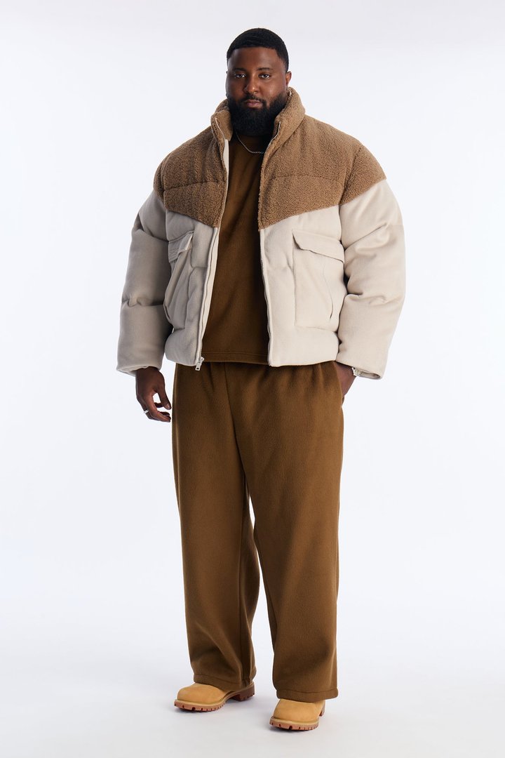 Textured Faux Fur Paneled Puffer Jacket - Beige