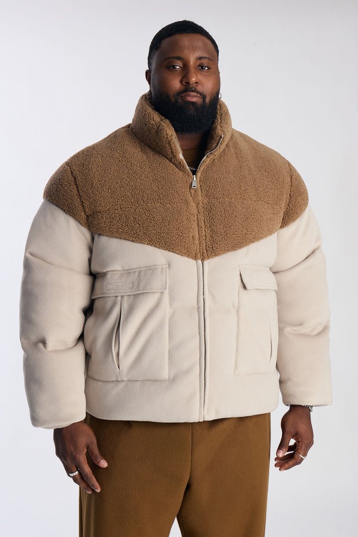 Textured Faux Fur Paneled Puffer Jacket - Beige